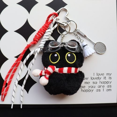 潮酷眼镜黑色小猫咪包包挂件毛绒玩偶公仔玩偶miu系钥匙扣挂饰男