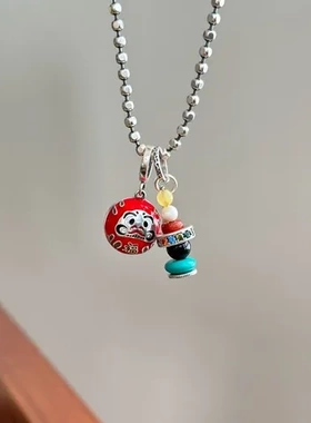 时尚古风纯银项链女国风简约百搭系红色气质日式滴油S925达摩蛋女