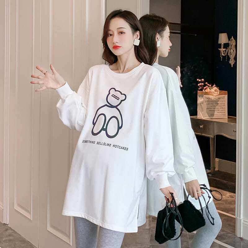 출산 착용 가을 새로운 긴팔 운동복 여성의 느슨한 대형 중간 길이 출산 탑 가을 겨울 투피스 양복