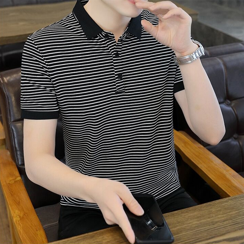 翻领短袖t恤男夏季薄款高端潮牌冰丝条纹修身带领保罗男士polo衫