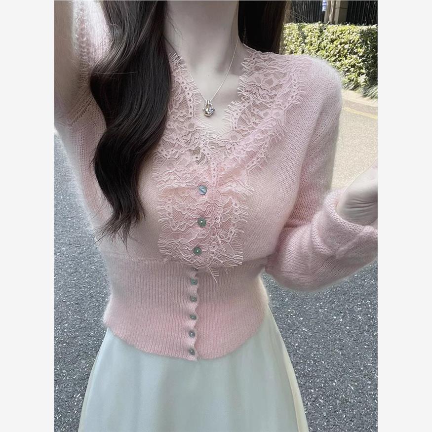粉色v领蕾丝长袖针织衫女秋冬季修身短款内搭打底衫羊毛毛衣