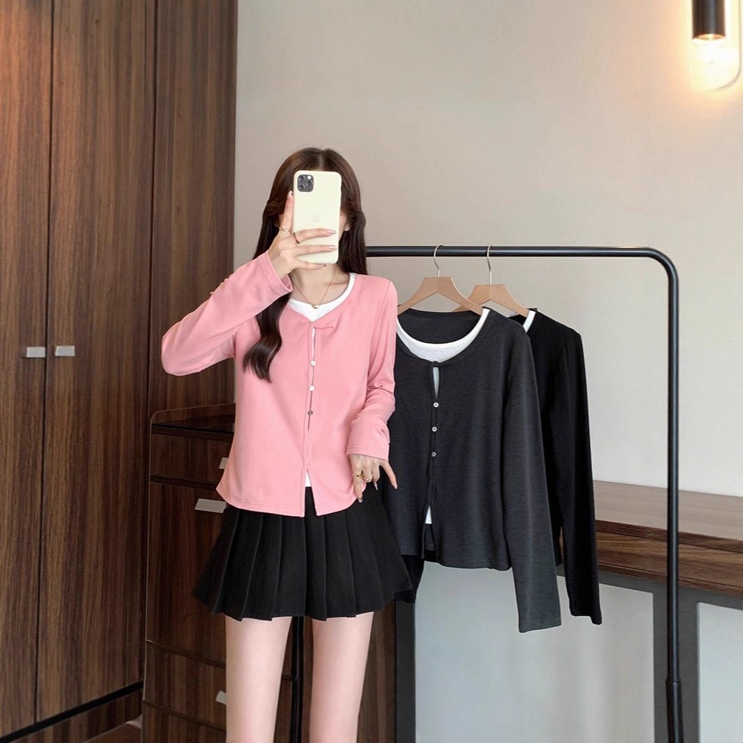 2025年秋装新款胖mm大码女百搭休闲撞色假两件长袖上衣