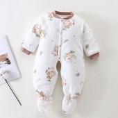 新生儿包脚棉衣婴儿春秋中厚衣服满月宝宝外出穿连脚长袖 开档带鞋