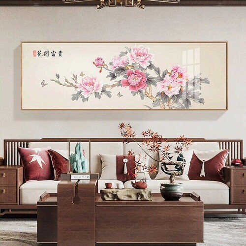 花开富贵新中式客厅沙发背景墙装饰画国画牡丹晶瓷画卧室床头挂画