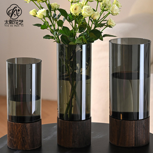 木头底座中式亚克力透明花盆