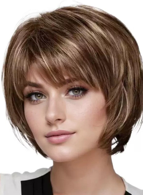 欧美假发 短发女士混棕色时尚化纤短直发 哑光高温丝整顶头套wigs