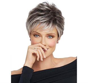 欧美假发 银灰色渐变假头套 高档发套中年女斜刘海Synthetic wigs