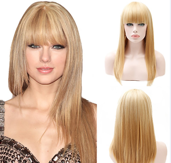 金色齐刘海 化纤长直发假发女欧美时尚金色亚马逊wish爆款