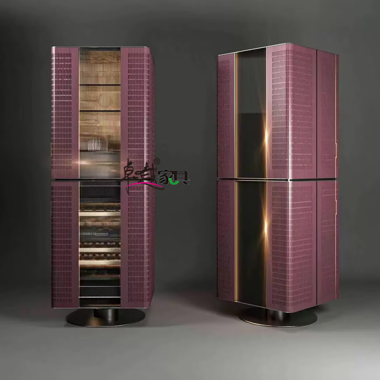 意式轻奢竖纹酒柜客厅餐厅储物展示柜现代旋转落地式玻璃门收纳柜