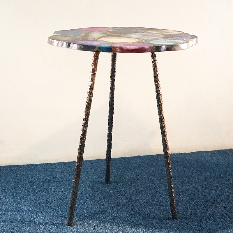 轻奢天然玛瑙石边几客厅沙发角几不锈钢创意设计师阳台洽谈小桌子