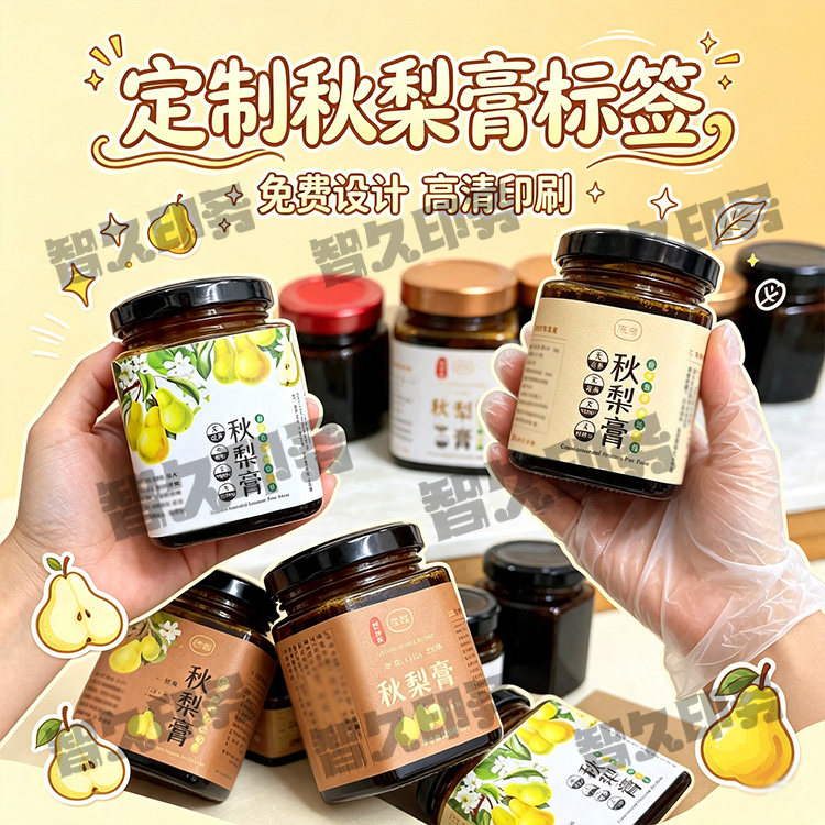 定制秋梨膏六棱瓶贴标签川贝陈皮柠檬膏贴纸桂圆膏不干胶商标设计
