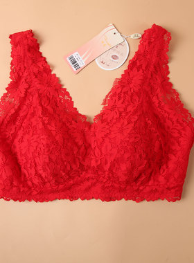 峰度95码蕾丝文胸女无钢圈舒适大码内衣红色无痕胸罩3XL大红胸罩