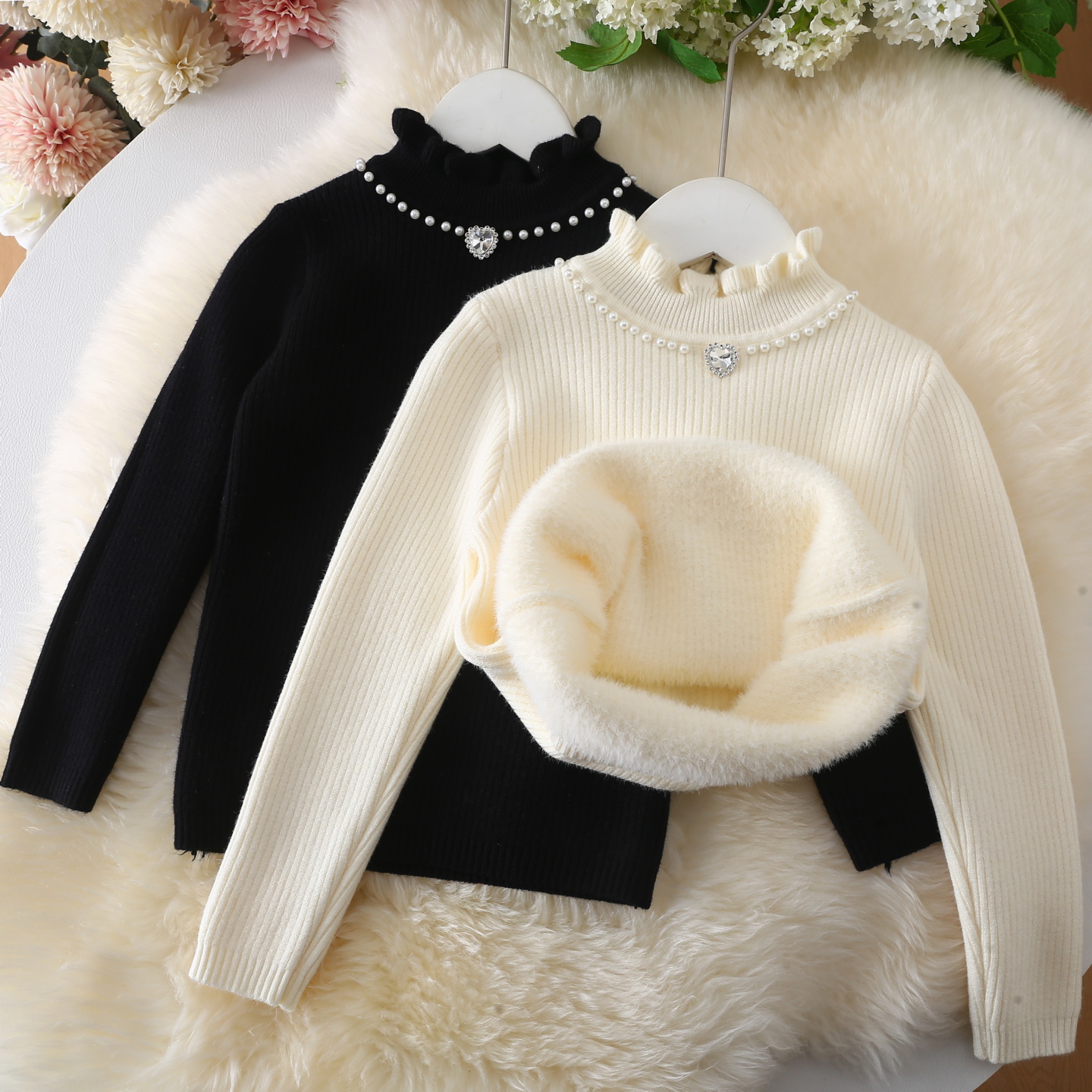 2025冬季新款女童加厚毛衣花边领小孩一体绒打底衫加绒女宝针织衫