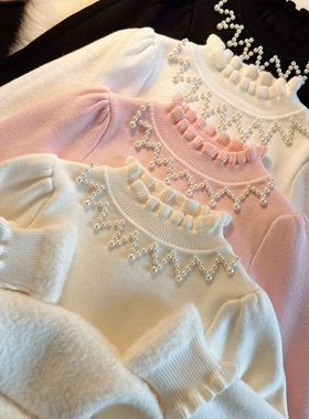 女童毛衣一体绒小女孩针织衫宝宝花边领打底衫加厚小女孩针织上衣