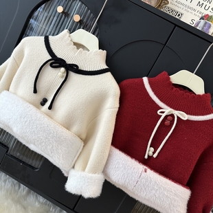 女童加绒小香风毛衣2025冬新款女宝宝洋气针织衫一体绒加厚毛线衣