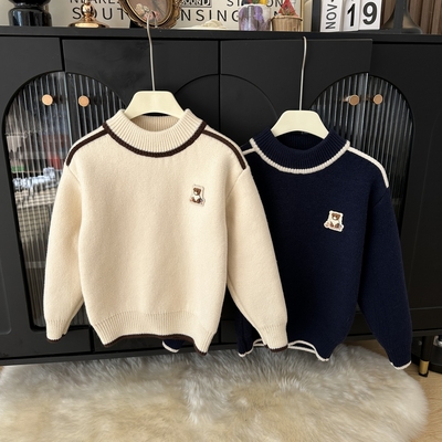 儿童小熊刺绣针织毛衣男女童撞色一体绒加厚打底衫洋气秋冬上衣