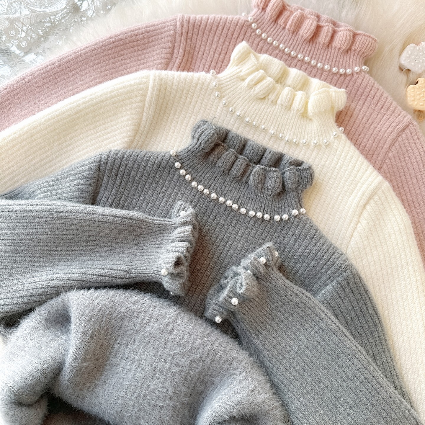 女童花边领毛衣加绒冬女宝宝修身打底衫加厚小女孩百搭内搭针织衫