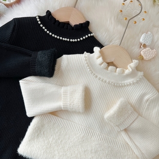 女童毛衣2025新款冬毛衣女童打底毛衣花边领毛衣一体绒加绒打底衫