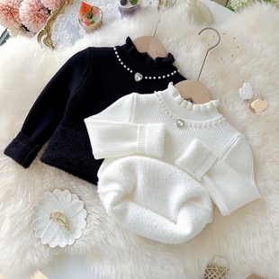 花边领中大童毛衣小香风长袖女童修身型套头镶钻保暖加厚一体绒女