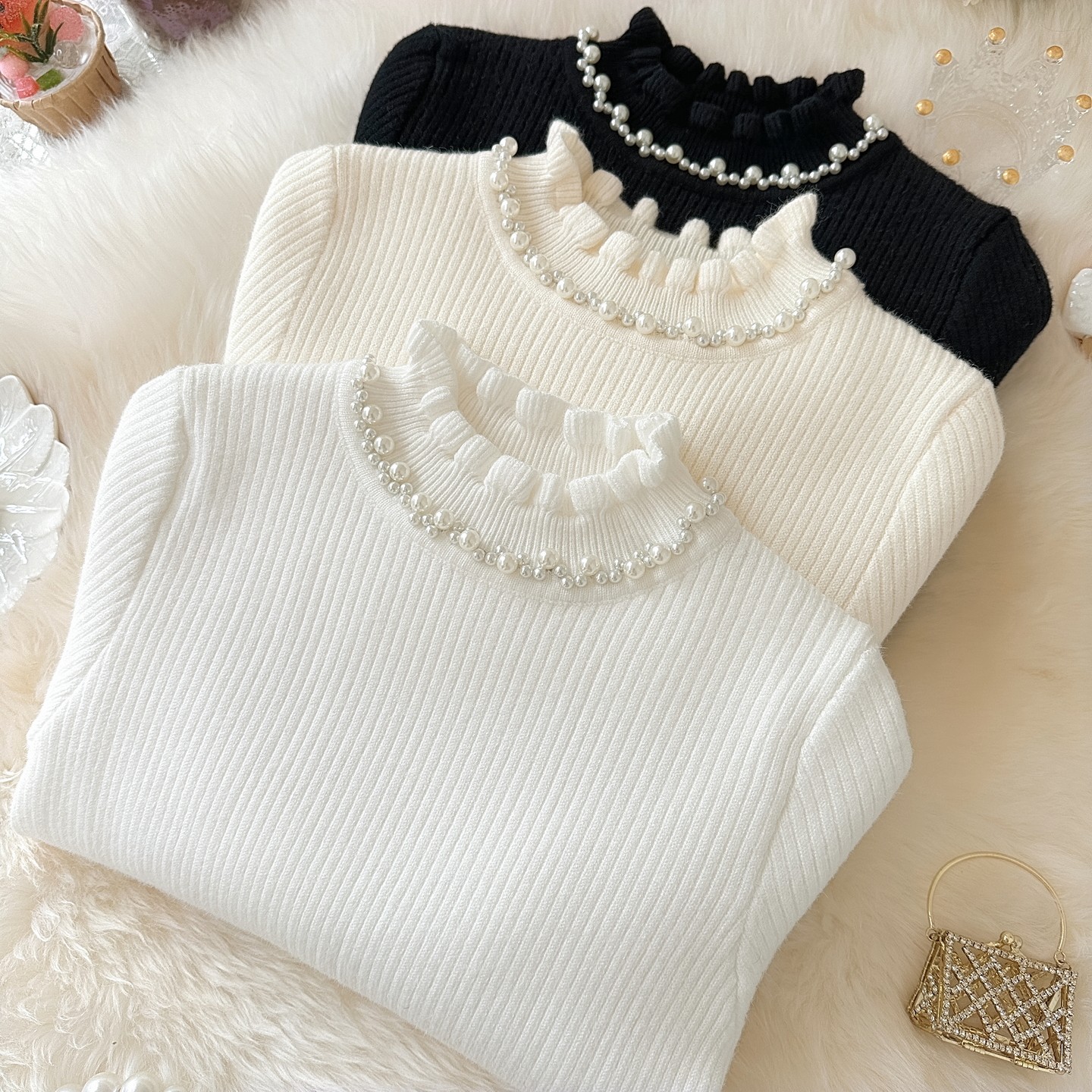 2025冬女童一体绒毛衣珍珠木耳边领宝宝打底衫加绒儿童保暖针织衫