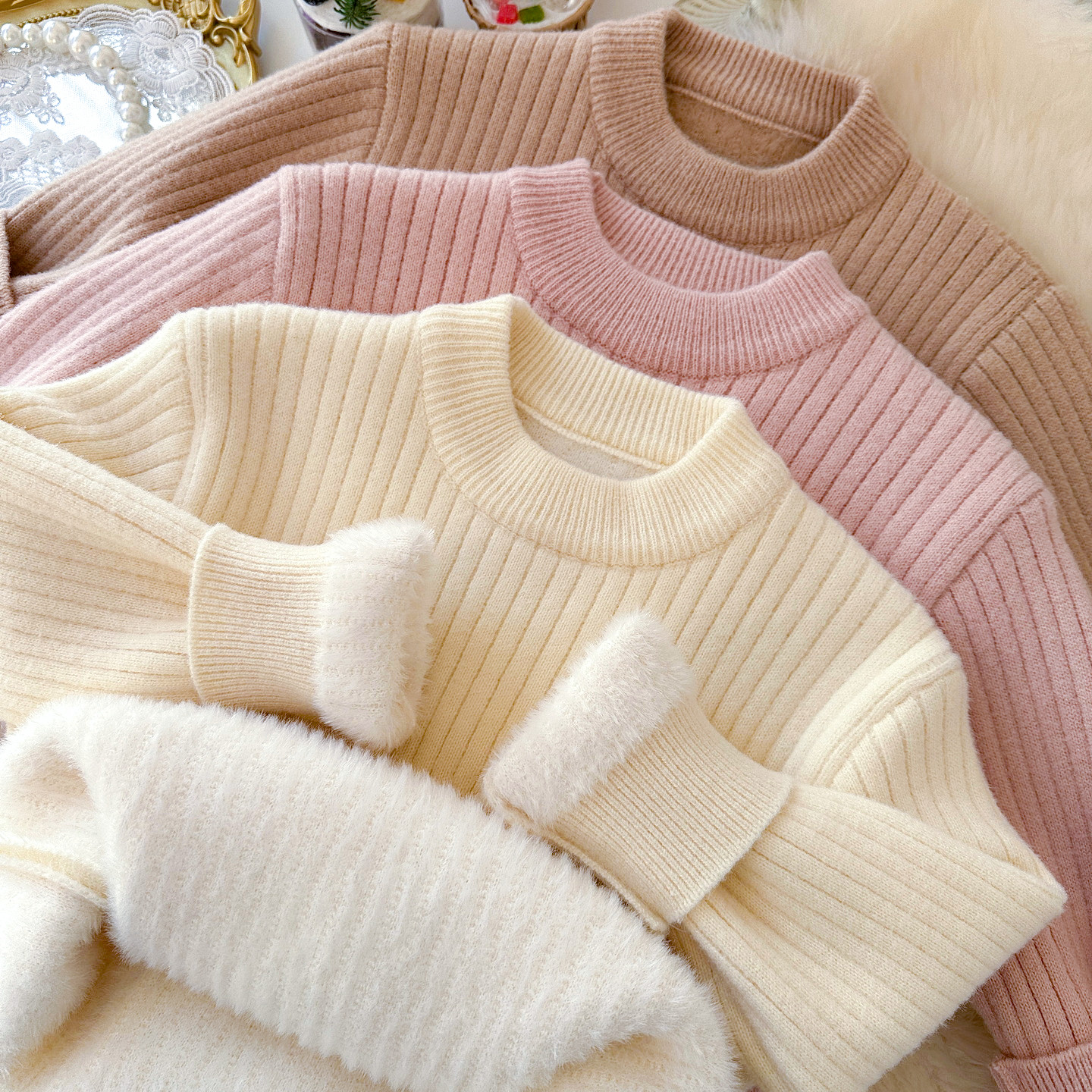 儿童圆领毛衣一体绒加厚男童女童加绒针织衫洋气百搭男童保暖上衣