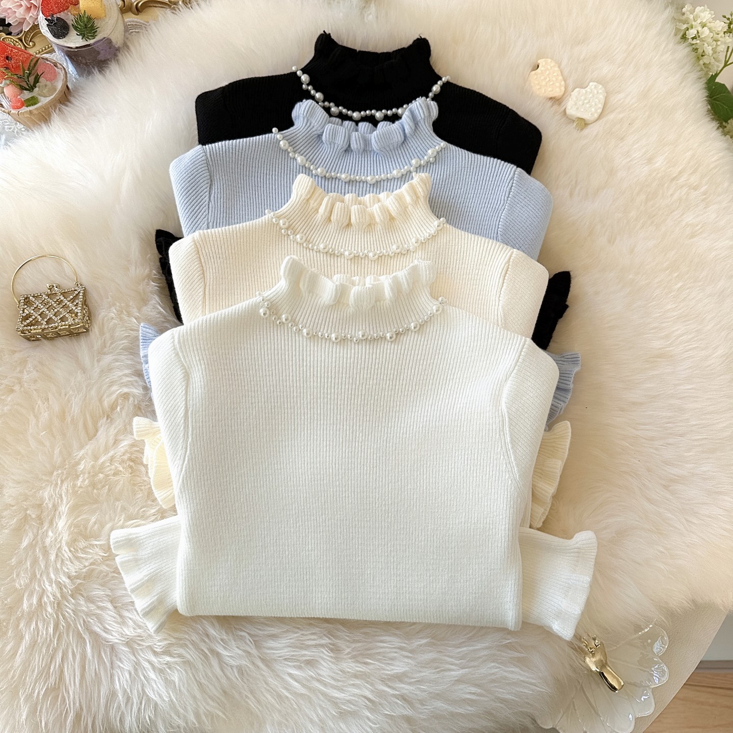女童气质珍珠领内搭毛衣秋冬女宝宝百搭打底衫洋气女宝修身针织衫