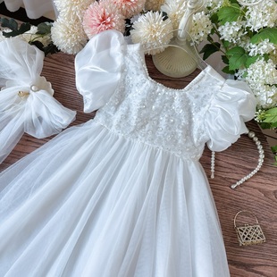 儿童生日礼服裙夏钢琴演出连衣裙 女童甜美公主裙白色2024夏季 新款