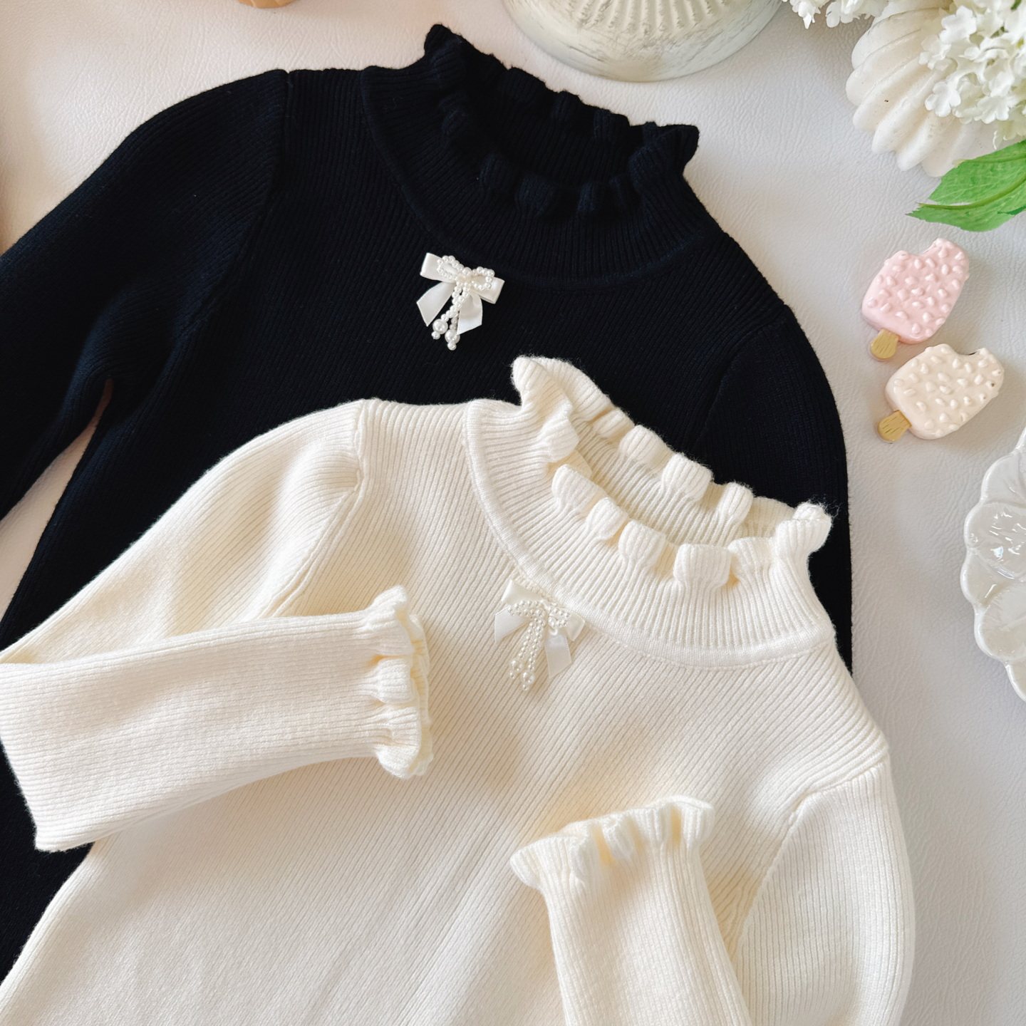 女童秋冬内搭白色毛线衣荷叶领蝴蝶结珍珠女宝打底衫小女孩针织衣