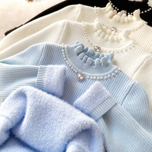 女宝针织打底衫加绒女童一体绒毛衣冬季加厚小女孩花边领打底上衣