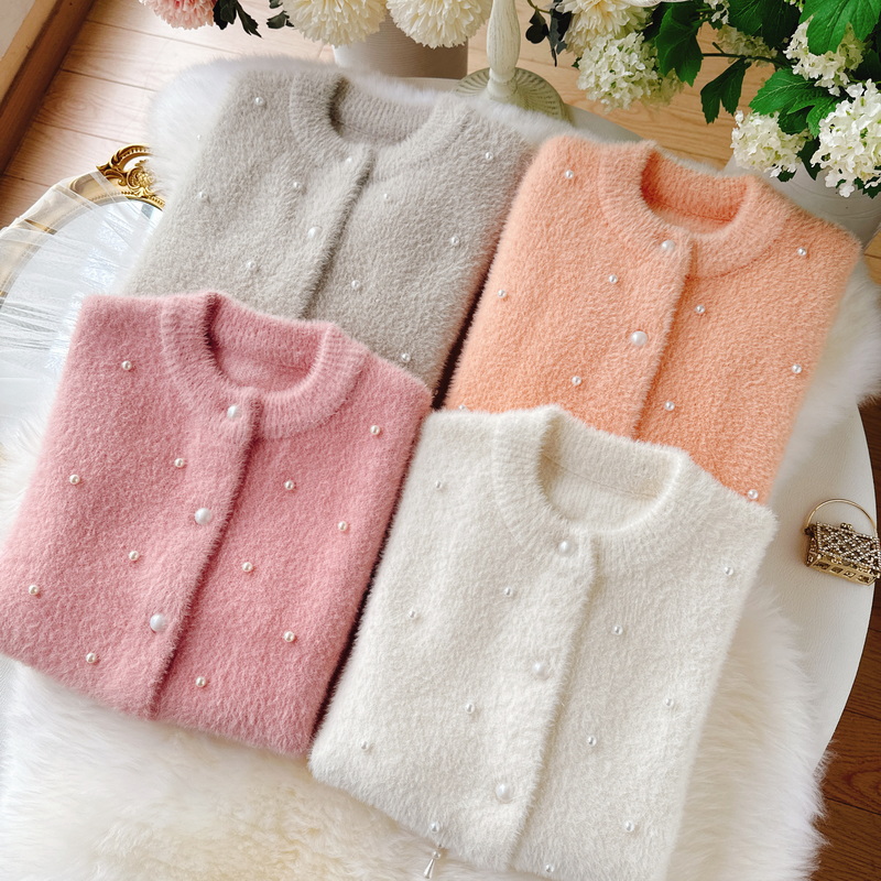女童开衫毛衣2025新款珍珠儿童水貂绒针织衫加厚小女孩外套毛毛衣