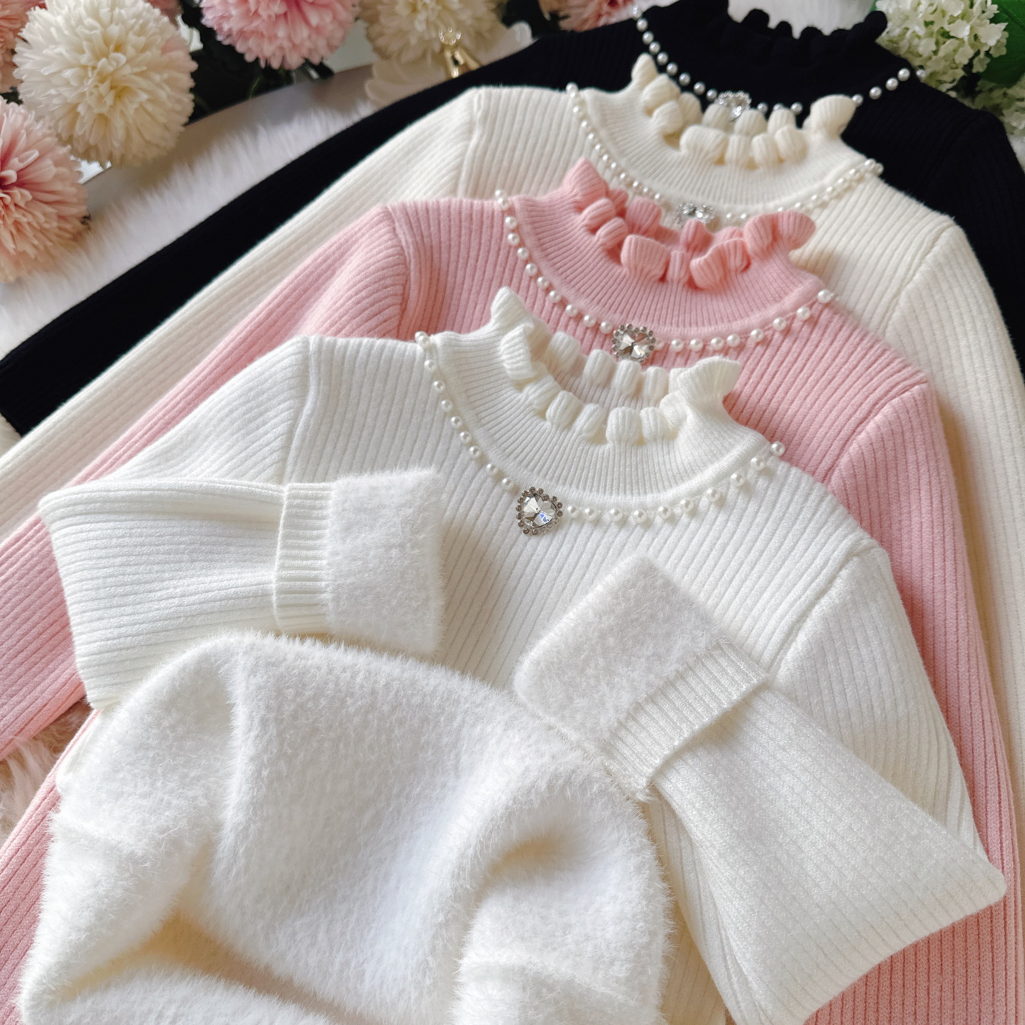 女童针织打底衫加绒女宝宝一体绒毛衣冬季加厚儿童花边领打底上衣