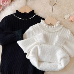 女童毛衣2025新款冬毛衣女童打底毛衣白色毛衣花边领加绒半高领
