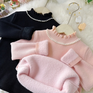 女童毛衣2025新款冬毛衣女童打底毛衣白色毛衣一体绒加绒打底衫