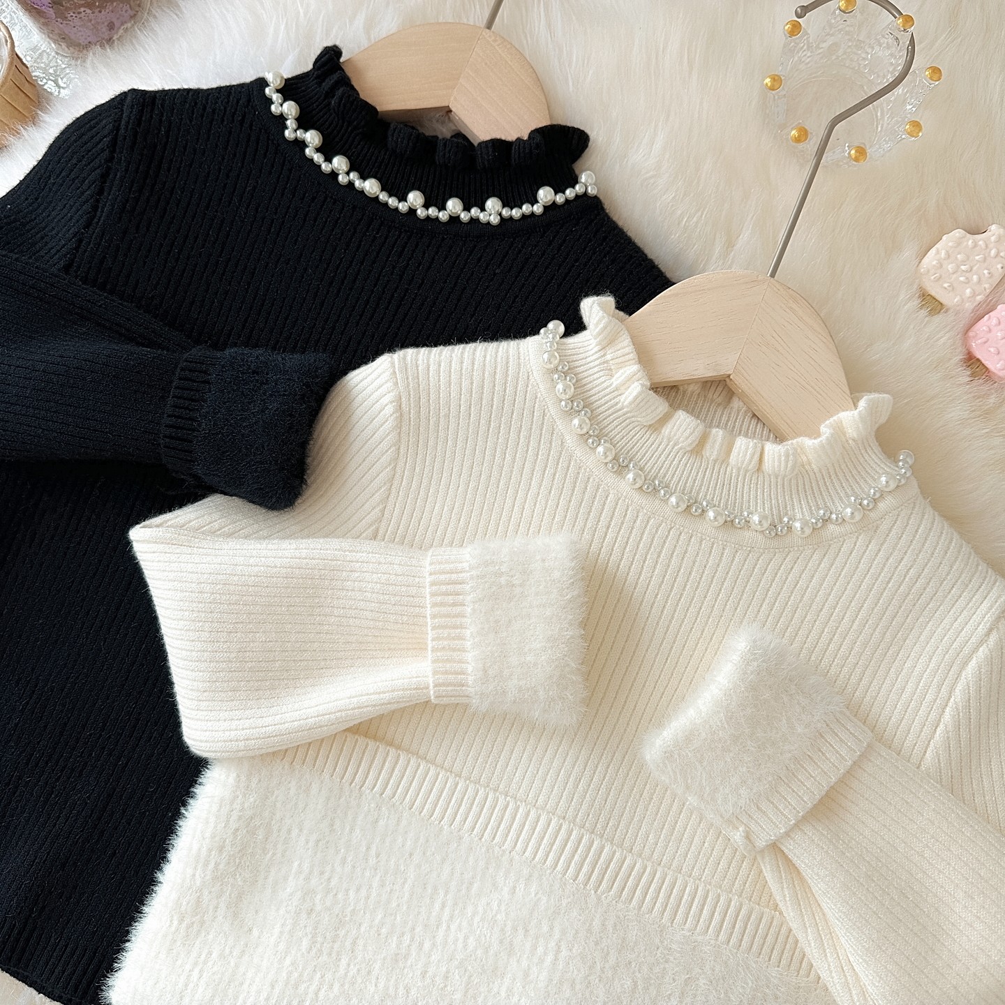 冬季女童一体绒毛衣气质白带小女孩加绒加厚珍珠领保暖针织打底衫