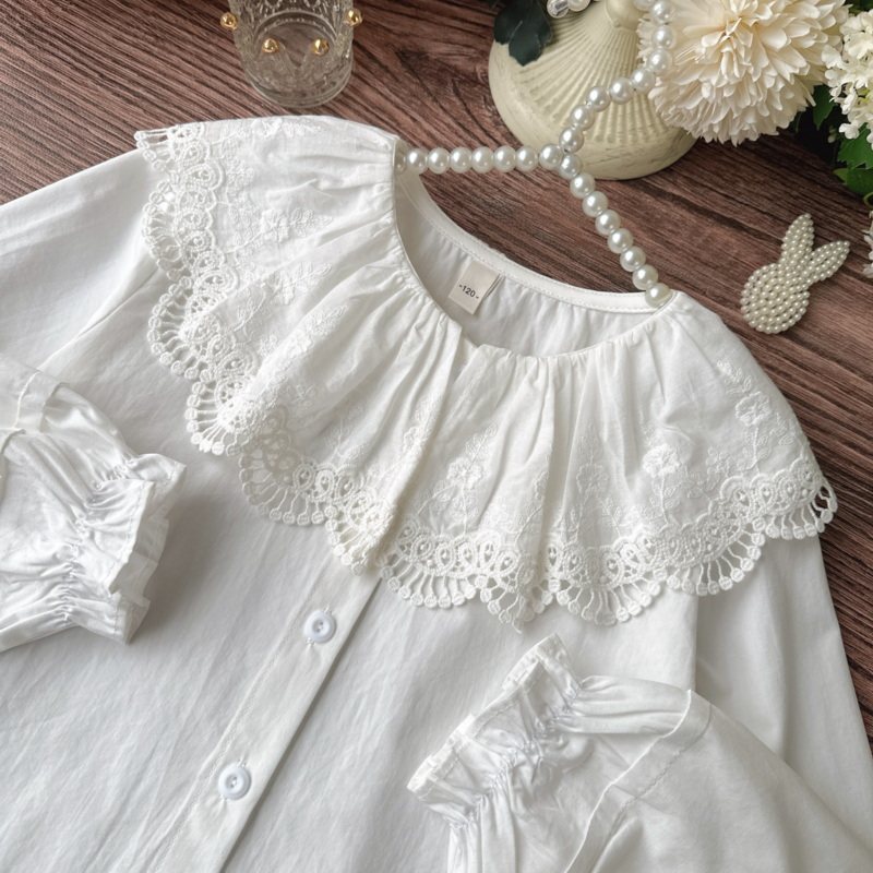 女童纯棉娃娃领长袖衬衫2026新款洋气儿童白色衬衣女孩蕾丝花边领