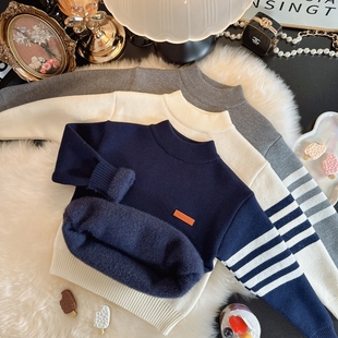 男宝宝一体绒毛衣2025冬新款小孩毛衣加厚英伦风男童条纹毛衫加绒