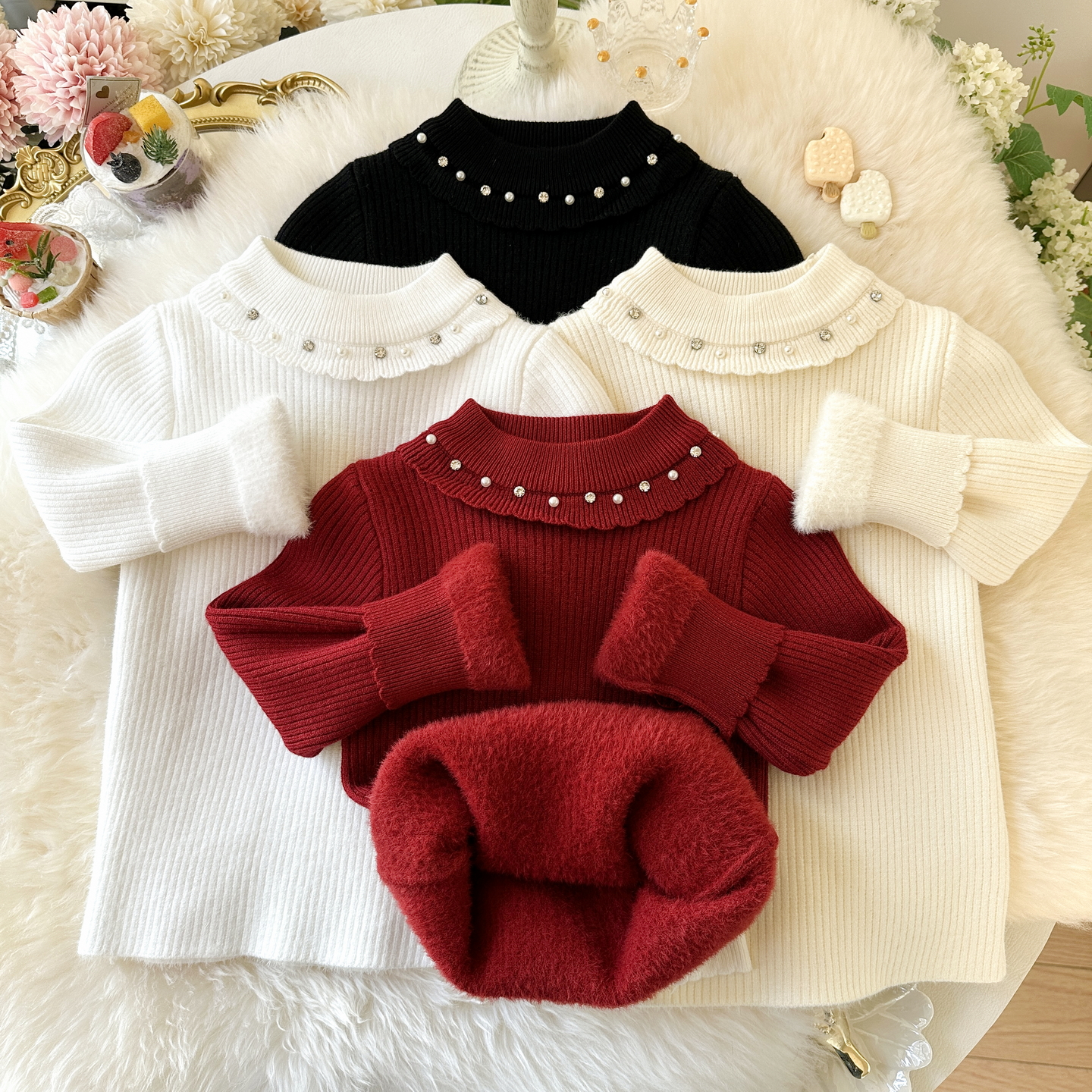女童一体绒毛衣冬装韩钉珠娃娃领加绒加厚儿童保暖针织内搭打底衫