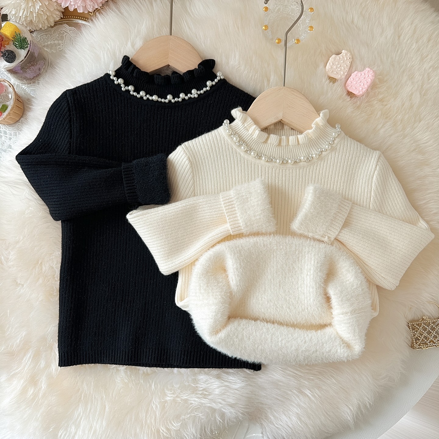 女童一体绒毛衣长袖花边领儿童加绒修身型针织衫小女孩保暖打底衫