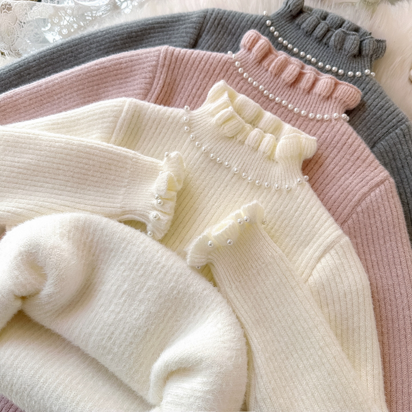 女童一体绒毛衣冬花边领女宝百搭加厚打底衫小女孩修身内搭针织衫