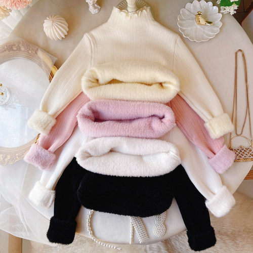 甜美秋冬女童一体绒毛衣加厚新品