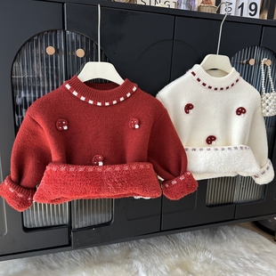 2025秋冬新款加绒加厚针织衫洋气保暖上衣女宝宝女童一体绒毛衣