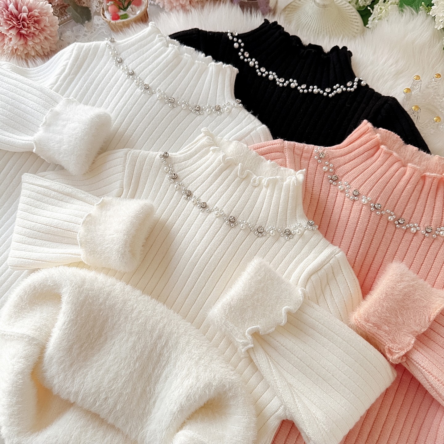 女童毛衣加绒花边领冬季女宝甜美套头毛线衣一体绒百搭针织衫加厚