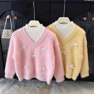 女童假两件V领水貂绒毛衣不起球冬小女孩加厚针织上衣女宝毛线衣