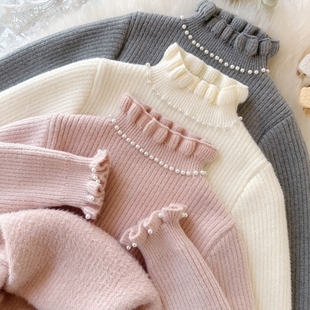 女童花边领毛衣加绒加厚冬女宝修身打底衫小女孩加百搭内搭针织衫