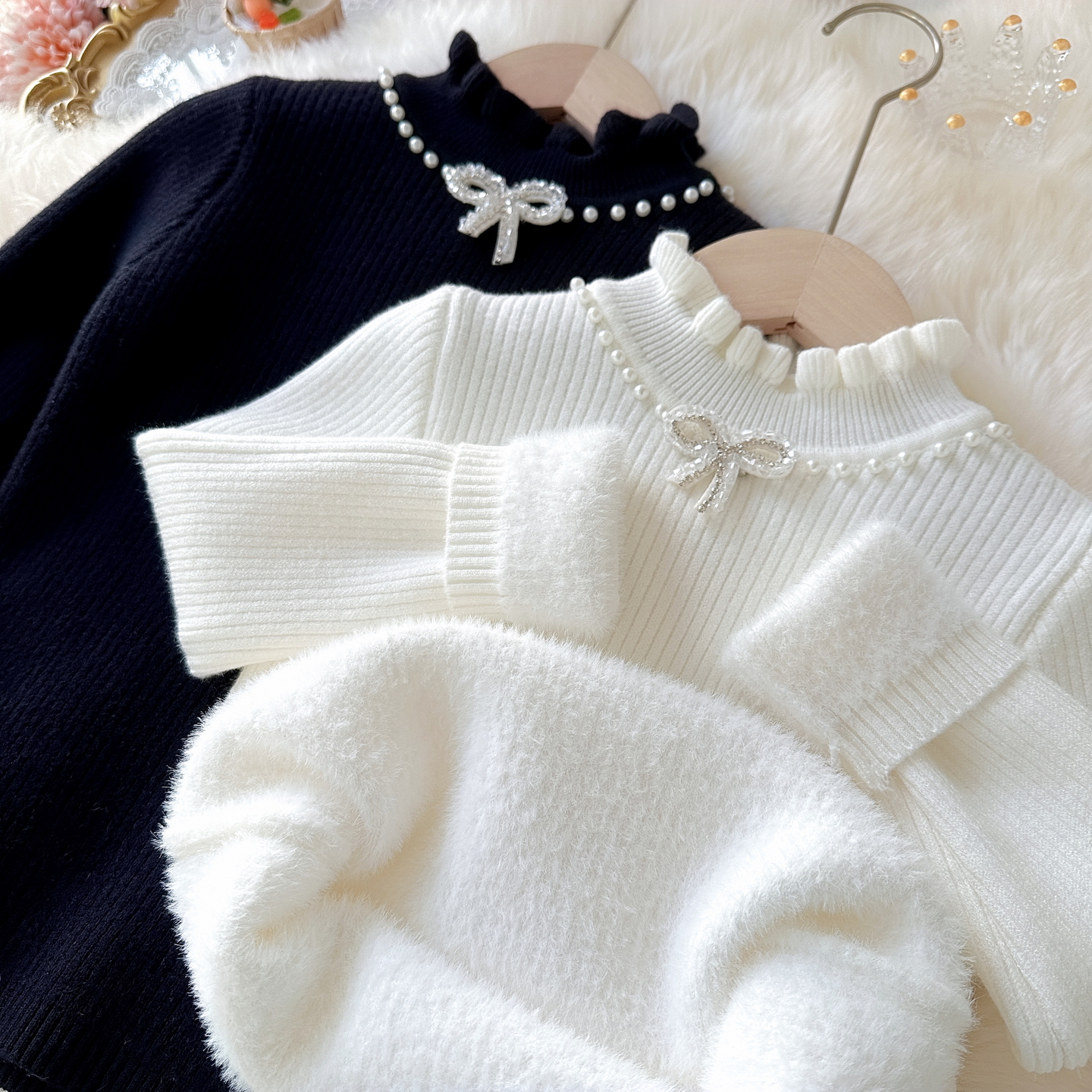 中大童柔软高弹打底衫长袖花边领女童蝴蝶结修身型套头加厚针织衫