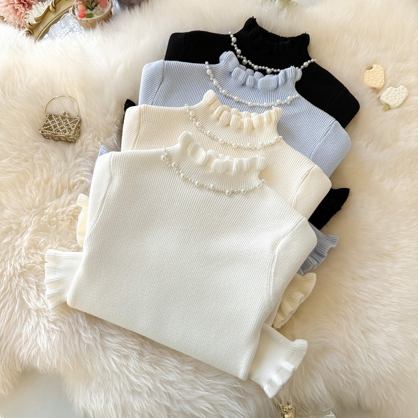 女童修身花边领打底毛衣秋冬女宝百搭弹力打底衫洋气小女孩针织衫