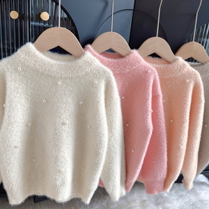 宝宝水貂绒毛衣套头厚秋冬新款女童纯色针织衫洋气小女孩针织上衣