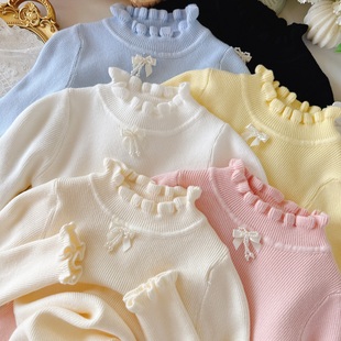 女童针织打底衫秋冬花边领蝴蝶结女宝小学生幼儿园内搭毛线衣甜美