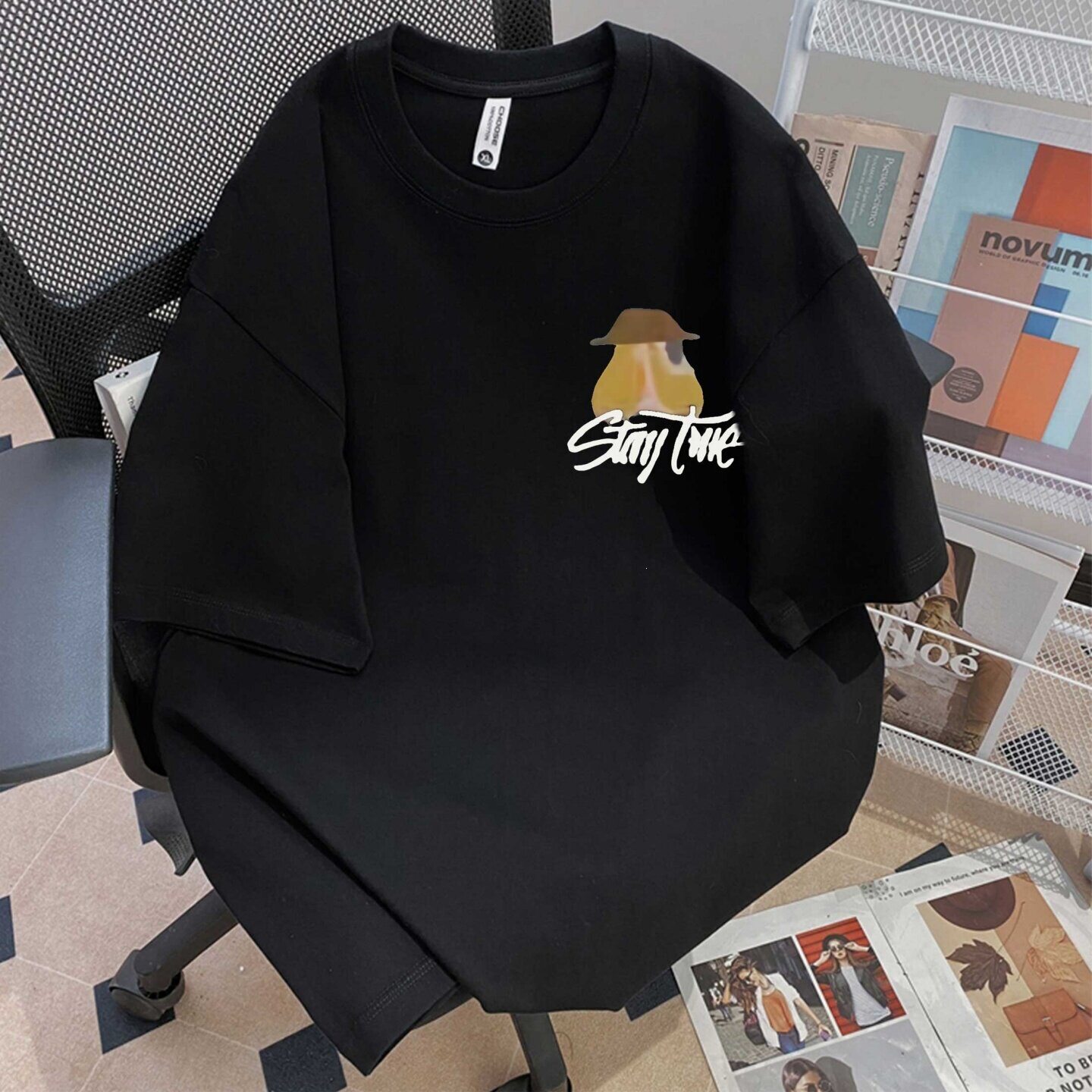 新款纯棉美式卡通风自行车印花短袖T恤男女情侣宽松重磅纯棉上衣