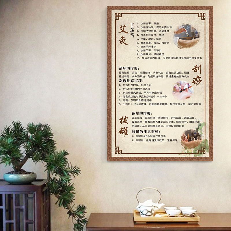 艾灸刮痧拔罐作用好处海报广告装饰画宣传中医养生馆背景墙壁画挂